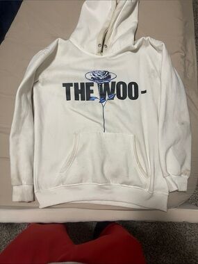 VLONE White Hoodie with Blue Rose "THE WOO-" Graphic